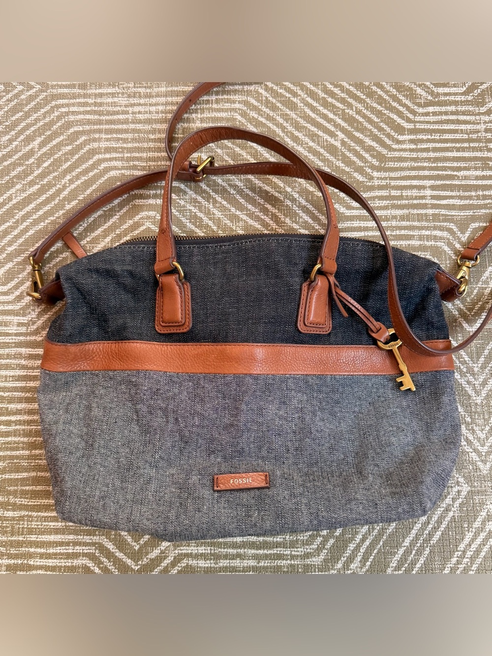 Fossil Julia Denim Leather Satchel Crossbody Bag Blue Brown Convertible Purse